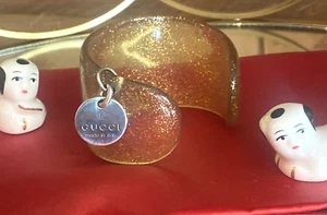 FLASH SALE! Gucci Sterling Silver 925 Logo Gold Glitter Lucite Cuff Bracelet Vtg - Picture 1 of 13