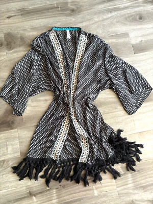 Beach Cover Up 开襟和服印花条纹下摆刺绣 S 蓝色 — 第 1/4 张图片