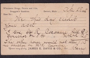 1885 Postkarte James E Davis malt Detroit/re 3 grs G&R Kokoain Überladung - Bild 1 von 2