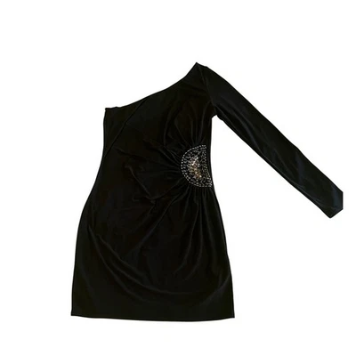 y2k Forever 21 Black One Shoulder Ruched Embellished Cocktail Dress L - Image 1 of 4