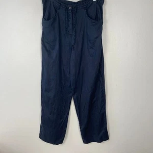 Ann Taylor 90s Vintage Navy Linen Wide Leg Trousers Tie Waist Size Small   - Picture 1 of 7