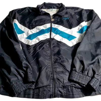 Vintage 80s Spalding Windbreaker Jacket Size Large Black/Teal Track Gym Chevron - Image 1 of 4