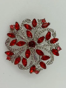 Vintage Style Floral Silver Tone Red Rhinestone Brooch 1.5 Inch Pin - Picture 1 of 5