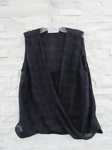 A.L.C. Schwarz & dunkelblau bedruckt Seide Crossover Lagenlook vorne Bluse Tank S - Bild 1 von 5
