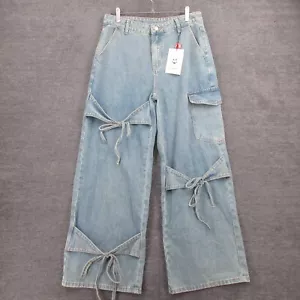Cider Jeans Womens M Wide Leg Mid Rise Bowknot Tie Cargo Jean Light Wash Blue - Picture 1 of 2