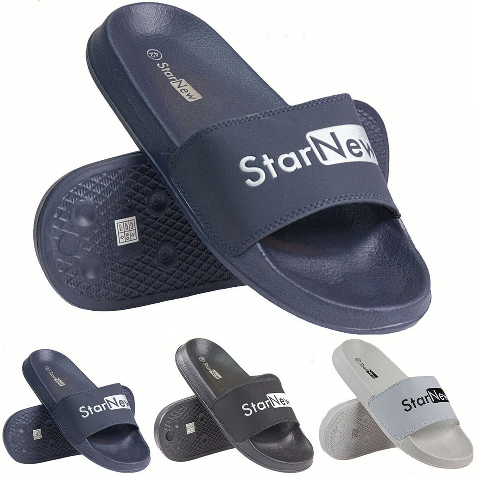 STAR NEW Mens Slider Slip on Mules Beach Holiday Pool Shower Flat Summer Sandals new Sz..