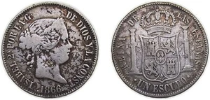 Spain 1866 1 Escudo Silver 900 VF - Picture 1 of 1