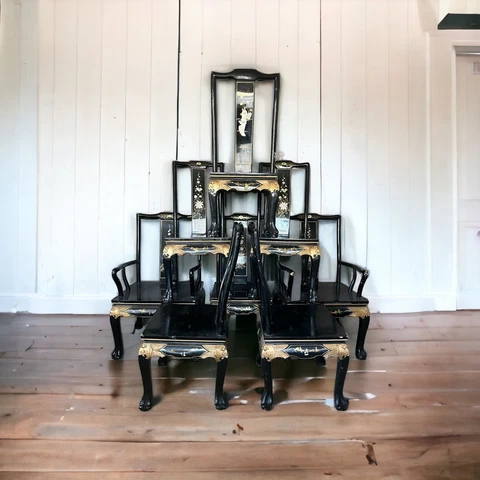 Set Of Stately Vintage Chinoiserie Black Lacquered Chairs Cover