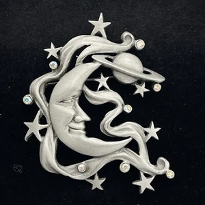 Spilla gioielli vintage JJ Jonette - spilla Saturno stelle luna celeste - tono peltro - Foto 1 di 5