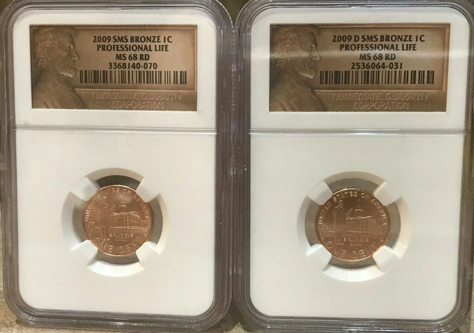 2009 & 2009 D 1c SMS BRONZE PROFESSIONAL LIFE NGC MS68 RD LINCOLN LABEL SET OF 2 - Image 1 of 1