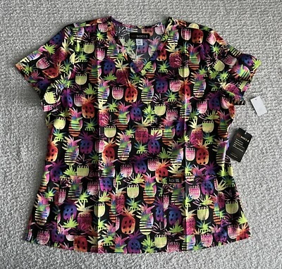 Koi Basics Scrub Top Women’s XL Leslie Tiki Pineapple Tropical Nursing Medical - Image 1 of 4