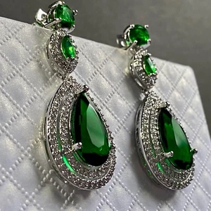 7CTW Lab-Created Green Emerald Wedding Chandelier Earrings 18k White Gold Plated - Picture 1 of 12