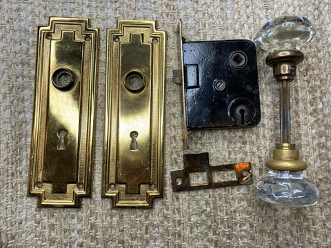 Antique Interior Mortise Lock #14, Glass Door Knobs & Brass Finish Door Plates Cover