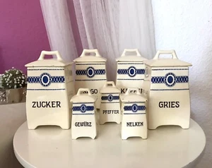 Antik 7 Jugendstil Keramik Vorratsgefäße Gries Kaffee Gefäße Vorratsdosen Asta - Bild 1 von 12