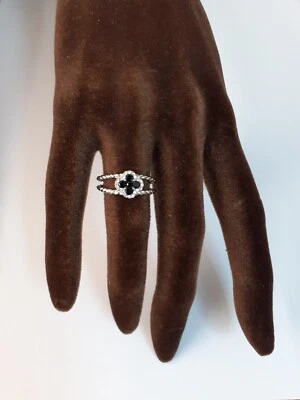 anello donna argento 925 rodiato anallergico zirconi bianchi nero 13 regolabile - Immagine 1 di 2