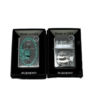 2x Genuine Zippo Windproof Lighter, Polished Chrome US Made Statue Of Liberty - Picture 1 of 6