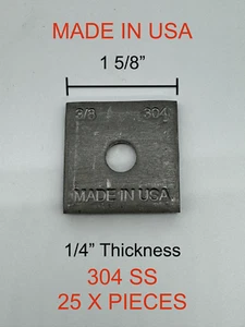 25 Pieces - 304 Stainless Steel Square Washers 3/8" MADE IN USA Unistrut 1-5/8" - Picture 1 of 3