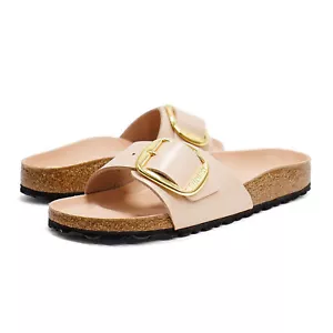 Women Birkenstock Madrid Big Buckle High Shine Beige Leather Sandals - Picture 1 of 6