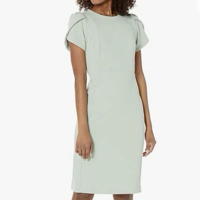 Calvin Klein Light Sage Green Tulip SleeveStretch Crepe Sheath Dress Size 16 - Image 1 of 4
