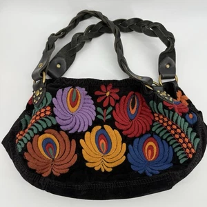 Lucky Brand Black Floral Embroidered Velvet Shoulder Bag Colorful Boho Grandma - Picture 1 of 13