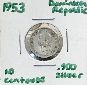 Moneda de 10 centavos República Dominicana 1953 - .900 plata Caribe mundo - Imagen 1 de 3