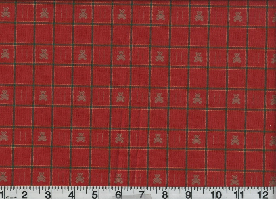 2 Yards Fabric Teddy Bear Plaid Red Christmas Cotton 60" Wide Vintage 1960s 70s - Image 1 of 1