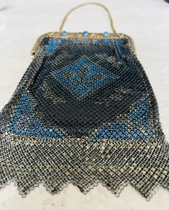 Cartera antigua Art Deco dorada con marco de filigrana esmaltada cadena correo malla - Imagen 1 de 13