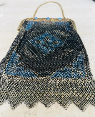 Antique Art Deco Gold Jeweled Filigree Frame Enamel Chain Mail Mesh Purse - Image 1 of 4