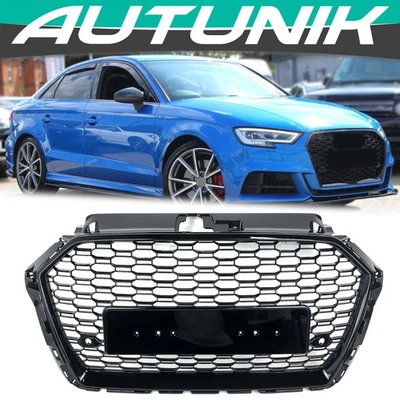 RS3-Style Black Badgeless Front Grille for Audi A3/S3 2017-2020 - Image 1 of 4