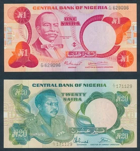 Nigeria: 1979 1 Naira Sig 4 & 1984 20 Naira Sig 7. Pick 19a & 26b, CRISP UNC - Picture 1 of 2