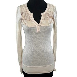 FREE PEOPLE Beige Boho Patchwork Long Sleeve Button Cuff Cotton Shirt XS RETRO - Picture 1 of 9