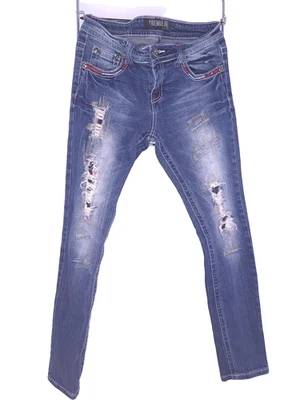 Pantalones de mezclilla Rue 21 Premiere para mujer talla 8 preppy grunge Y2K desgastados parcheados Foto 1 de 4