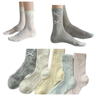 5 Pairs Women's Solid Bow Lace Mesh Mid Calf Tube Socks Thin Breathable Socks - Image 1 of 4