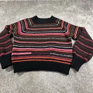 Lucky Brand Sweater Womens Medium Black Pink Striped Pullover Spacedye Boho - Picture 1 of 16