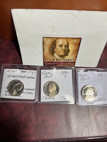 3 Different Jefferson Proof Nickels. As Pictured. 1989S, 90S, 91S. F/S! N161 Cover