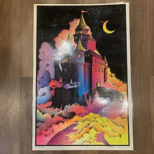 VTG 70s ‘Enchanted Castle’ Velva-Print Blacklight Poster Psychedelic LAMINATED - Picture 1 of 11