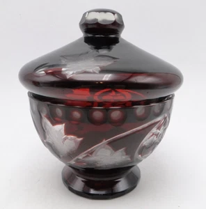 Old Bohemian Ruby Red Cut To Clear Case Glass Bowl with Cover 4¼in diam. - Picture 1 of 9