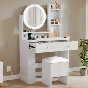 Xelsyo Makeup Vanity Desk Set w/Round LED Lighted Mirror w/3 Shelves Stool White - Picture 1 of 9