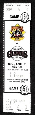 1993 Giants @ Pirates Full Ticket 4/11/93 Three Rivers Stadium 88374 - Image 1 of 2