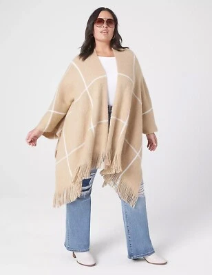 Lane Bryant Window Pane Open-Front Poncho Size 22/28 in Camel Color, Fringe Trim - Image 1 of 4
