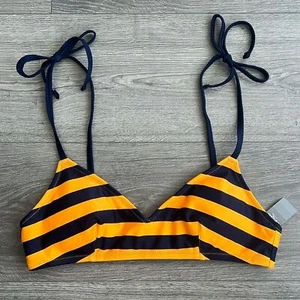AERIE Scoop Bikini Top Size Small Tie Straps Orange Navy Striped Tropical NWT - Picture 1 of 7