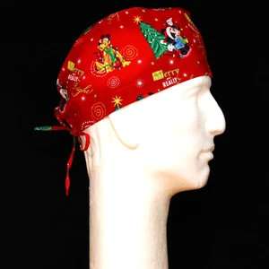 Disney Characters Goofy Mickey Mouse Marry Christmas on Red Theme Scrub Hat - Picture 1 of 1