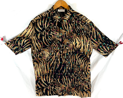 SAINT LAURENT (YSL) Camicia da uomo Saint Laurent seta motivo tigre e gemme punti metallici contrassegnate come 15 5 US