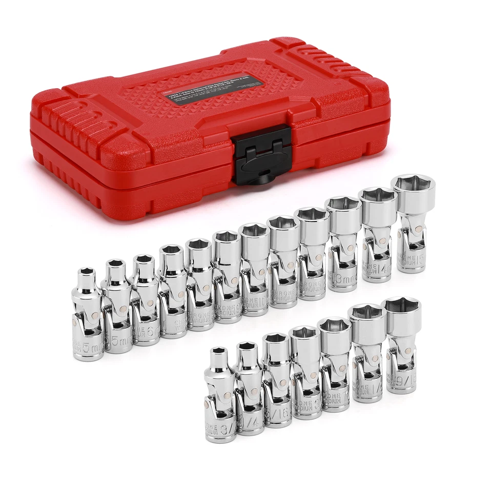 19PCS 1/4" Drive Universal Joint Socket Set  Metric 5mm-15mm &SAE 3/16" to 9/16" - Image 1 of 4