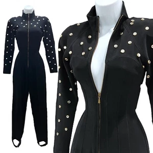 Vintage 1980s Rhinestone Studded Jumpsuit Black Zip-Up Stirrup CatSuit - Picture 1 of 12