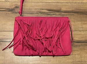 $95 Neiman Marcus PINK Velvet Fringe Handbag Cosmetic Clutch Purse Bag ~ NEW