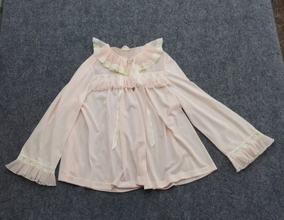 Jaqueta de cama vintage anos 60 roupão pequeno EUA rosa claro nylon fita de renda babado - Imagem 1 de 4
