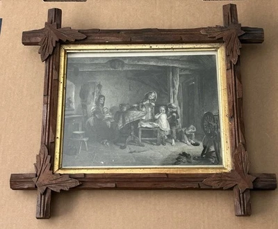 ¡Raro! Antiguo marco de hoja de arte vagabundo de la Selva Negra con vidrio e impresión Foto 1 de 4