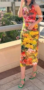 ZARA Bloggers Fave Flower Print Stretch Ruched Side Bodycon Midi Dress Small New - Picture 1 of 10