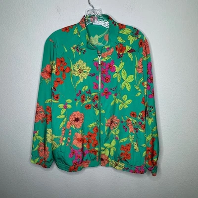Susan Graver Women's 1X Floral Zip Front Jacket Green Multicolor Lightweight - Image 1 of 4